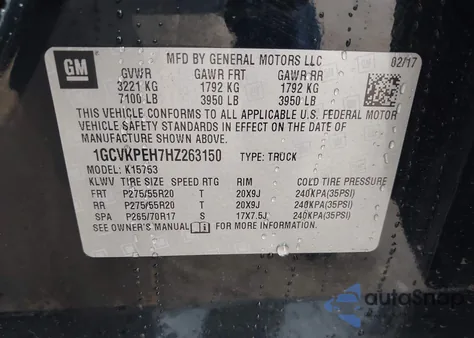 2017 Chevrolet Silverado 1500 Custom z USA, uszkodzony, nr VIN 1GCVKPEH7HZ263150